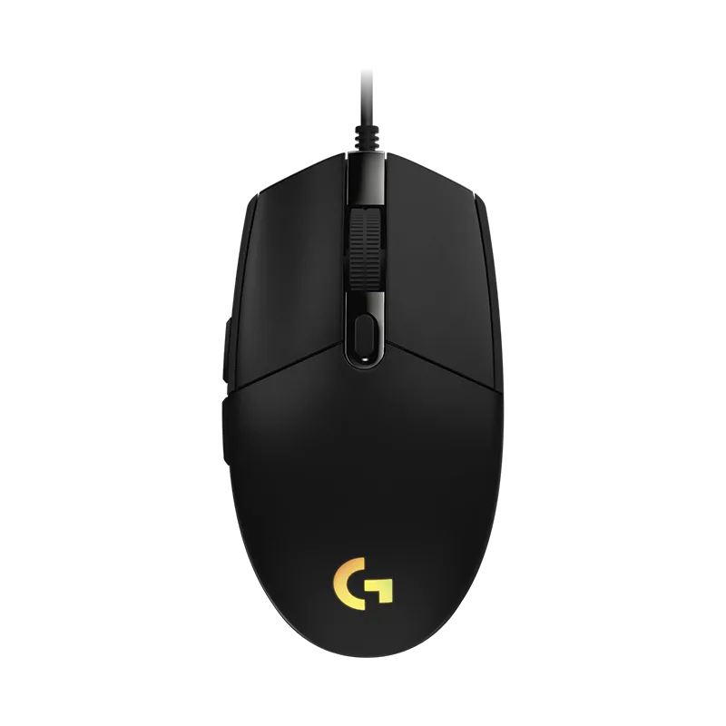 Mouse Logitech G203 Lightsync color negro en vista superior, mostrando su diseño clásico de 6 botones, iluminación RGB personalizable y cable de 2.1m. Resolución de 8,000 DPI.