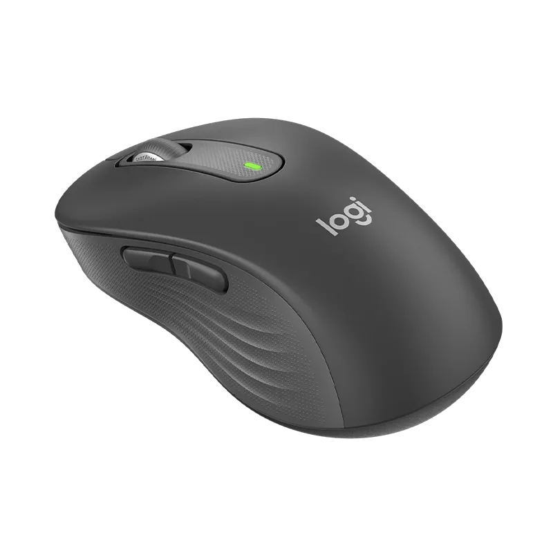 Vista lateral izquierda del Logitech Signature M650 Large grafito, mostrando los dos botones laterales programables, el reposapulgares ergonómico y el agarre texturizado.