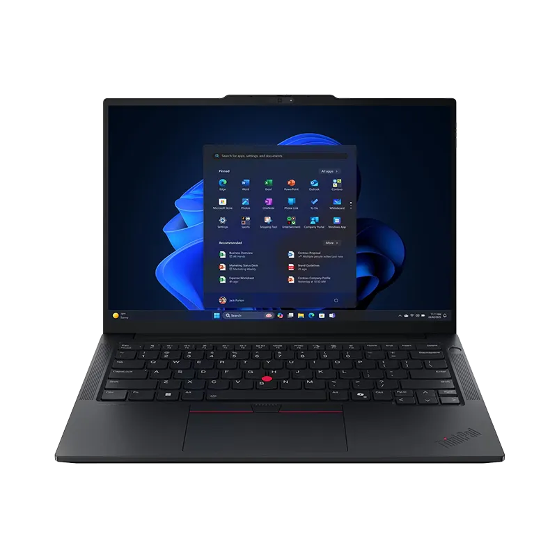 Laptop ThinkPad E14 Gen 7 AMD Ryzen 7 250 16GB 1TB SSD | Pantalla 14" WUXGA, Windows 11 Pro, 21T10005LM 6 ThinkPad E14 Gen 7 AMD Ryzen 7 color negro en vista frontal, mostrando su pantalla WUXGA IPS de 14 pulgadas con relación 16:10 y 90% de aprovechamiento. AI PC con AMD Ryzen 7 250 y NPU de 16 TOPS.