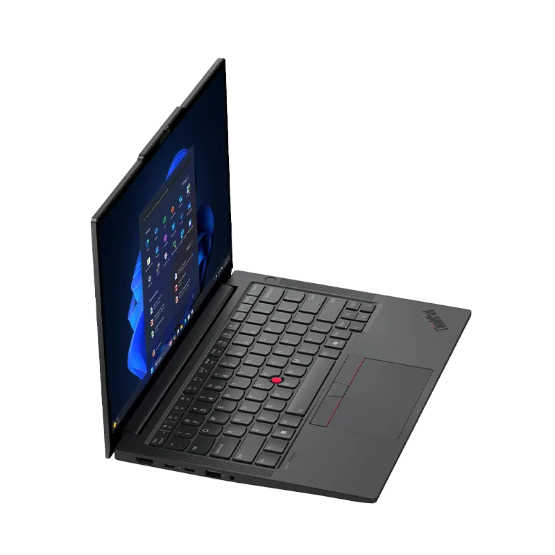 Laptop ThinkPad E14 Gen 7 AMD Ryzen 7 250 16GB 1TB SSD | Pantalla 14" WUXGA, Windows 11 Pro, 21T10005LM 8 Vista lateral izquierda de la laptop ThinkPad E14 Gen 7, mostrando puerto USB4 40Gbps, USB-C 5Gbps con DisplayPort, HDMI 2.1 y lector de huellas Match-on-Chip integrado en botón de encendido.