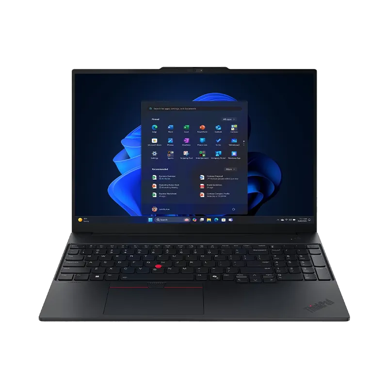 ThinkPad E16 Gen 3 Intel Ultra 5 Intel color negro en vista frontal, mostrando su pantalla WUXGA IPS de 16 pulgadas con relación 16:10 y 90.7% de aprovechamiento. AI PC con Intel Core Ultra 5 225U y NPU de 12 TOPS.