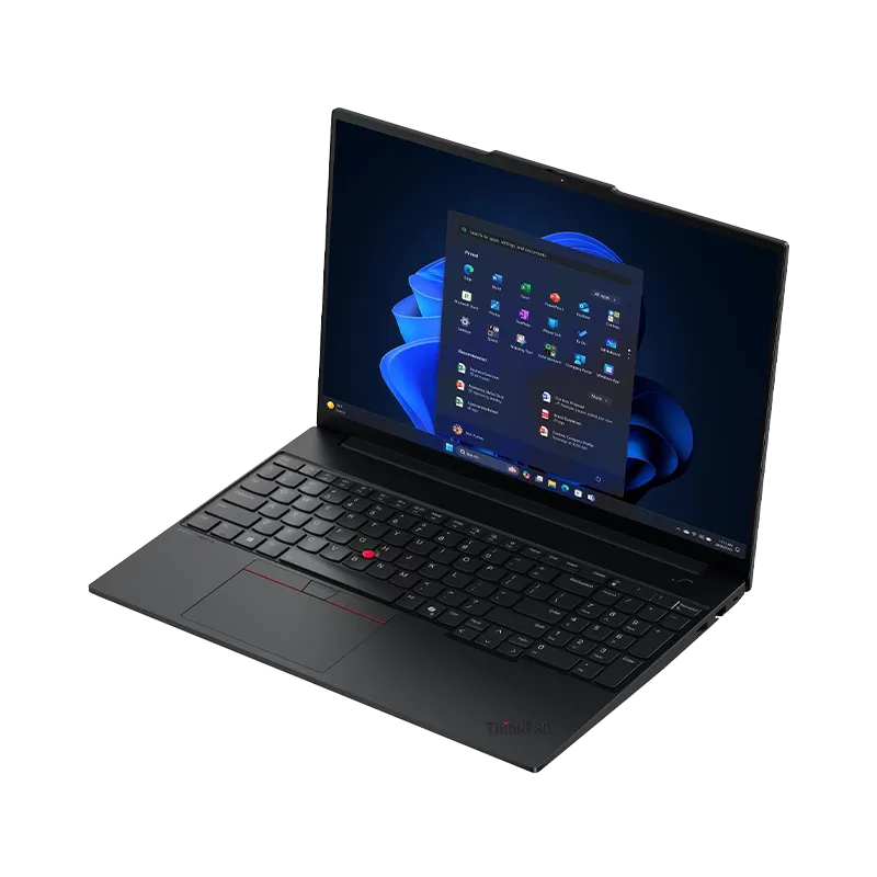 Vista lateral derecha del ThinkPad E16 Gen 3 Intel mostrando puertos USB-A (5Gbps y 10Gbps Always On), RJ-45 Gigabit Ethernet y conector de audio combo. Diseño robusto con tapa de aluminio certificado MIL-STD-810H.