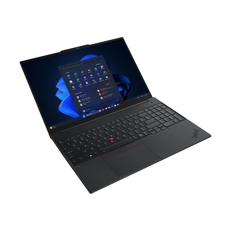 Vista lateral izquierda de la laptop ThinkPad E16 Gen 3 Intel, mostrando puerto Thunderbolt 4 40Gbps, USB-C 20Gbps opcional, HDMI 2.1 y lector de huellas Match-on-Chip integrado en botón de encendido.