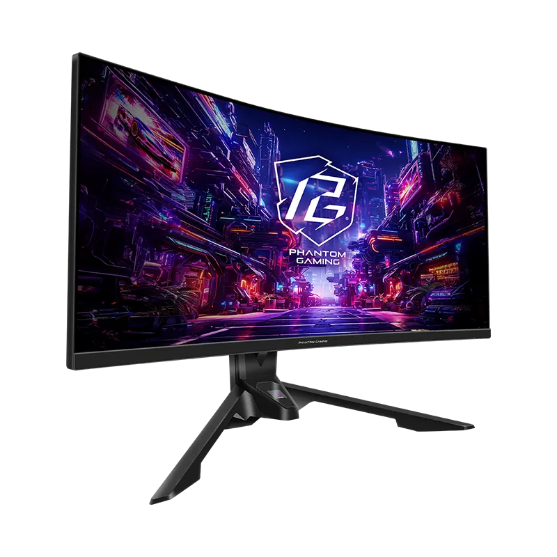 Vista en ángulo del monitor gaming ASRock PG34QRT3A curvo, destacando su relación de aspecto 21:9, espacio de color 123% sRGB, 94% DCI-P3, certificación VESA DisplayHDR 400 y tiempo de respuesta de 1 ms MPRT.