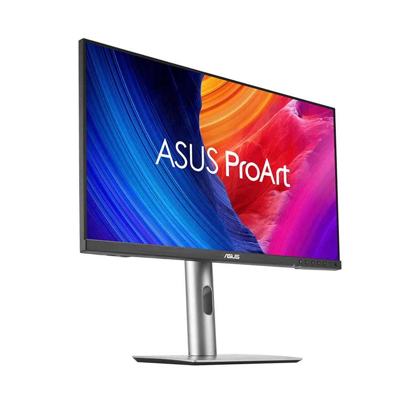 Vista frontal en ángulo del monitor ASUS ProArt PA278QGV destacando su diseño profesional, panel antideslumbrante de 350 nits y soporte ergonómico con ajuste de altura, giro, pivote e inclinación.
