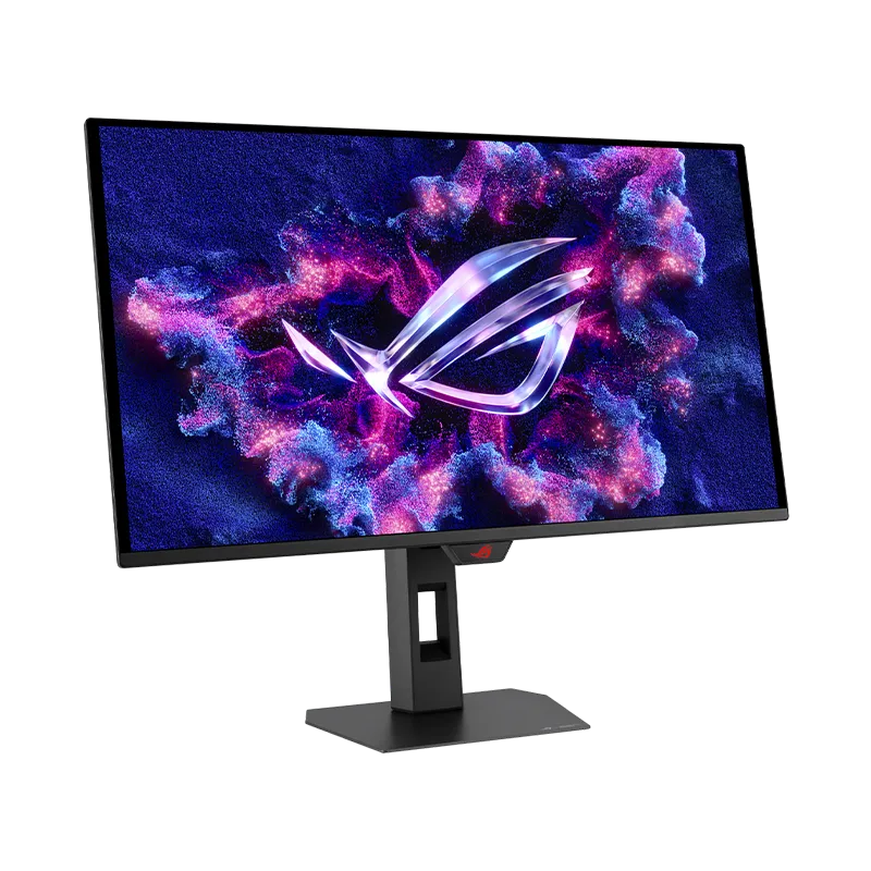 Vista frontal en ángulo del monitor ROG Strix OLED XG27AQDPG destacando su panel antirreflejo de 1000 nits HDR pico, soporte ergonómico con ajuste de altura (110 mm), giro, pivote e inclinación, y sensor de proximidad Neo.