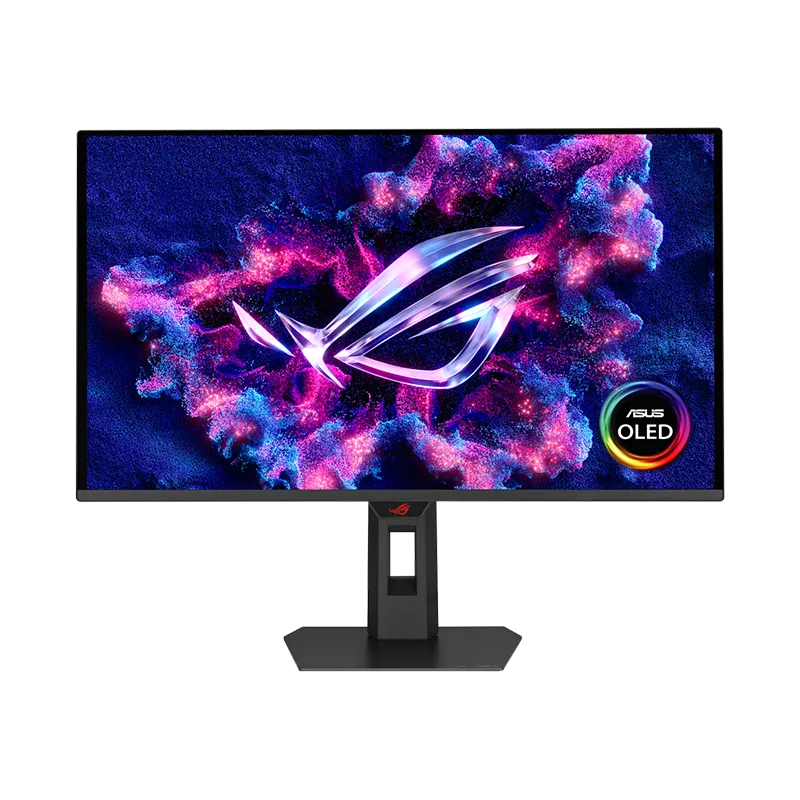 Monitor gaming ASUS ROG Strix OLED XG27AQDPG de 26.5 pulgadas en vista frontal, mostrando su pantalla QD-OLED QHD 2560x1440 con tasa de refresco de 500 Hz y tiempo de respuesta de 0.03 ms. Diseño gaming con iluminación Aura Sync.