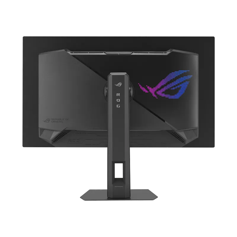 Panel posterior del monitor ASUS ROG Strix OLED XG27AQDPG mostrando el diseño del soporte ergonómico, el distintivo patrón de iluminación Aura Sync RGB y el logotipo ROG. Incluye sistema de gestión de cables.