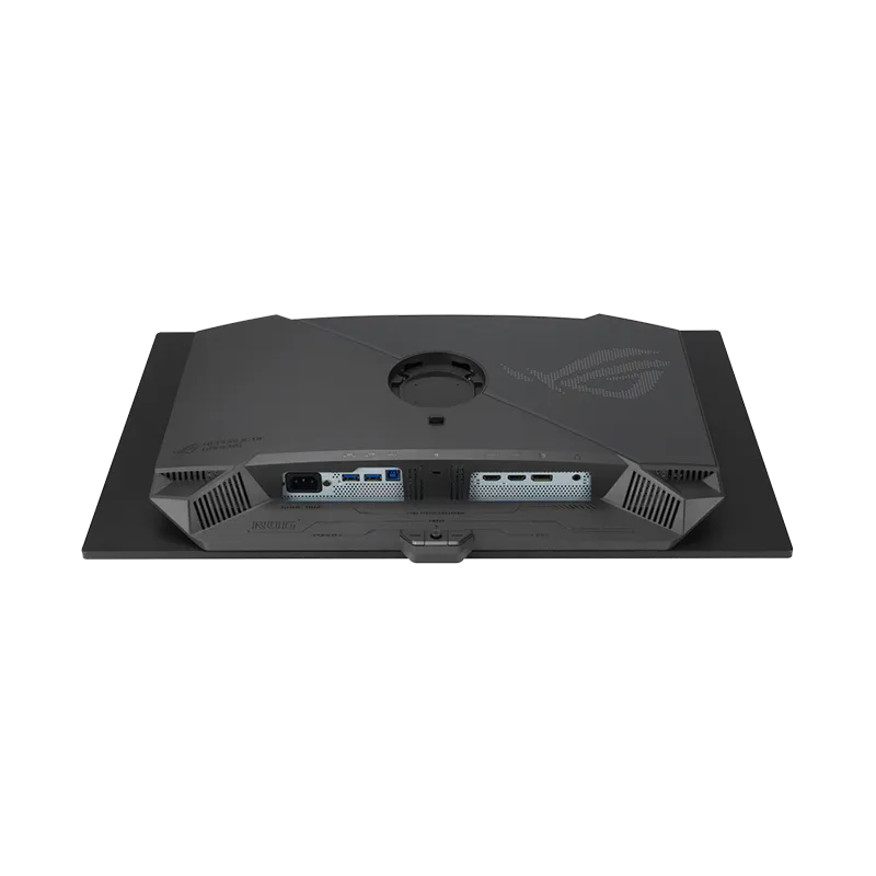 Detalle de puertos del monitor ROG Strix OLED XG27AQDPG: 2x HDMI 2.1 FRL, 1x DisplayPort 1.4 DSC, hub USB 3.2 Gen 1 con 2 puertos Type-A, jack de audio, entrada de alimentación y ranura Kensington Lock. Monitor compatible con FreeSync Premium Pro y G-SYNC.