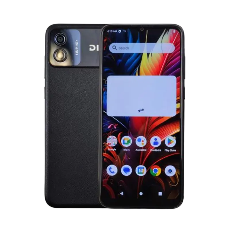 DIALN NOVA en vistas frontal y trasera, mostrando su pantalla HD+ LCD de 6.5 pulgadas, cámara trasera de 13MP con flash LED, y diseño compacto. Equipado con procesador MediaTek Quad-Core 2 GHz, 4GB RAM, 64GB almacenamiento expandible, batería extraíble de 4000 mAh y Android 13.