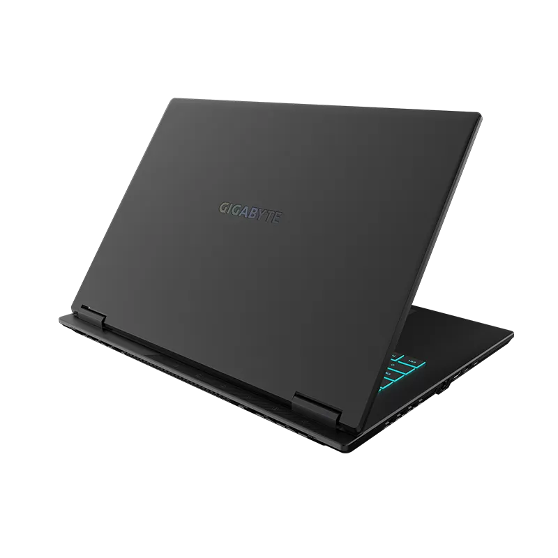 Laptop GIGABYTE GAMING A16 3VH AMD Ryzen 7 RTX 5060 16GB 1TB SSD | Pantalla 16" 165Hz 11 Vista posterior de la laptop GIGABYTE GAMING A16 3VH mostrando el cover superior con diseño aerodinámico, rejillas de ventilación traseras y salidas de aire para el sistema de refrigeración avanzado.
