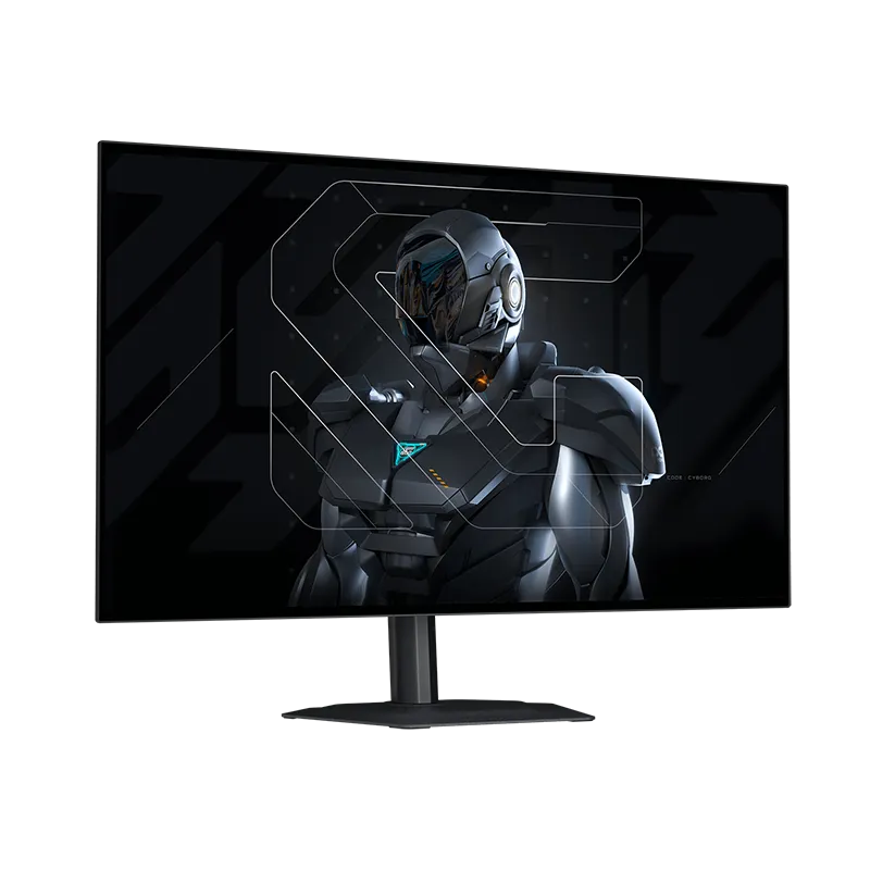 Vista en ángulo del monitor gaming GIGABYTE MO27Q28G, destacando su panel WOLED con 1.07 mil millones de colores, cobertura DCI-P3 99.5%, tiempo de respuesta de 0.03 ms GTG y altavoces integrados de 5W x 2.