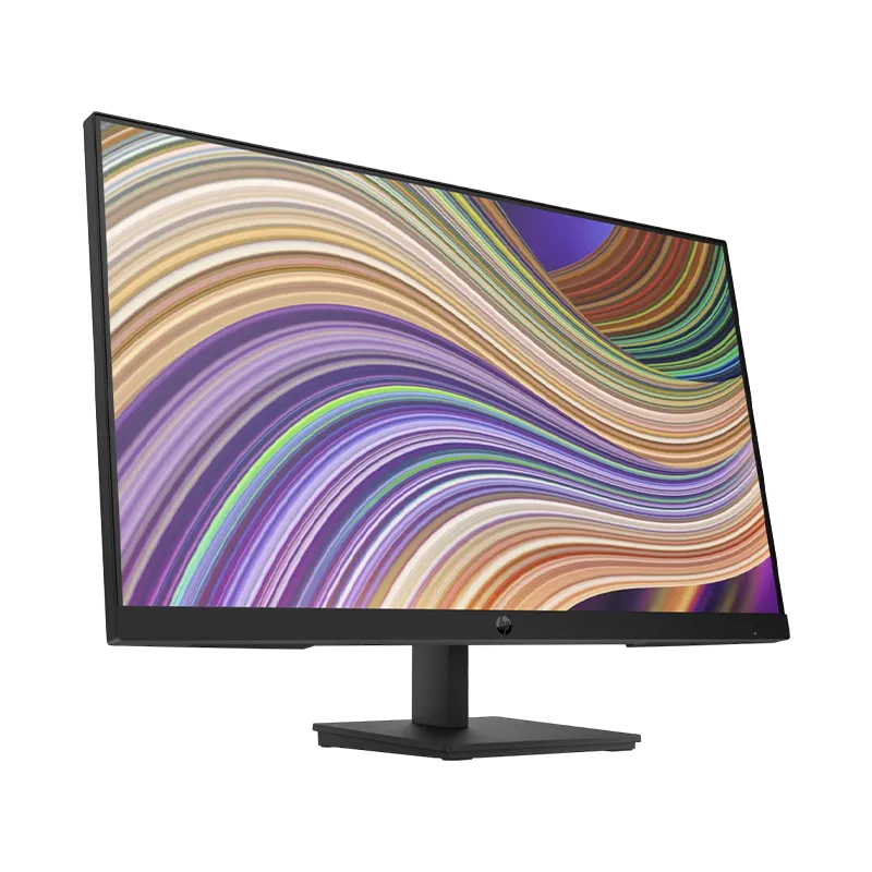 Vista frontal en ángulo del monitor HP P27 G5 destacando su panel de 250 nits, base con inclinación ajustable y relación de contraste 1000:1. Diseño sostenible con 85% de plástico reciclado y certificación EPEAT Gold.