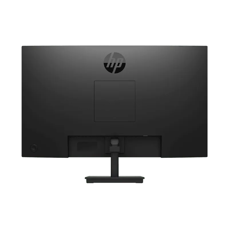 Panel posterior del monitor HP P27 G5 mostrando el diseño del soporte, montaje VESA 100x100 mm, ranura para cerradura de seguridad y puertos de conexión. Incluye cable HDMI y DisplayPort en la caja.