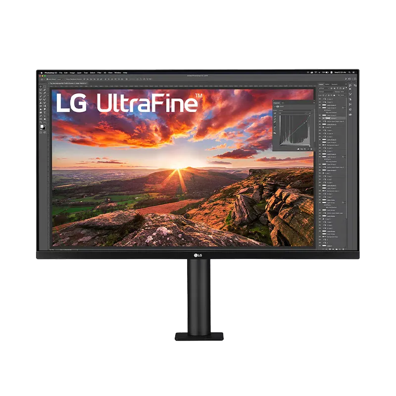 Monitor LG 31.5 4K Ergo 32UN880K-B de 31.5 pulgadas en vista frontal, mostrando su pantalla IPS UHD 4K (3840x2160) con biseles delgados, soporte Ergo con abrazadera C y diseño minimalista. Brillo 350 cd/m² y cobertura DCI-P3 95%.