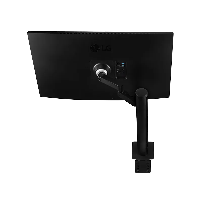 Parte posterior del monitor LG UltraFine Ergo 32UN880K-B mostrando el brazo articulado tipo Ergo con abrazadera C, el diseño limpio de la carcasa y la disposición de puertos incluyendo USB-C, 2x HDMI y DisplayPort 1.4.