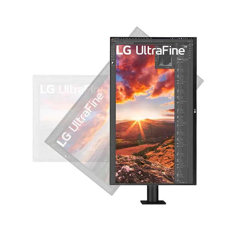 Monitor LG 32UN880K-B en posición vertical, mostrando su función de pivote para visualización de documentos largos y código. Soporte Ergo totalmente articulado con ajustes de altura, giro, inclinación, extensión y retracción para máxima ergonomía.