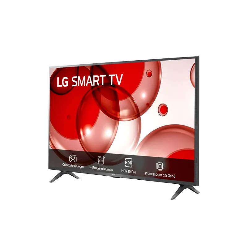 Vista frontal en ángulo del LG 43" 43LR6700PSA con base de 216 mm, destacando su diseño moderno, soporte VESA 200x200 y dimensiones de 973 x 623 mm con base.