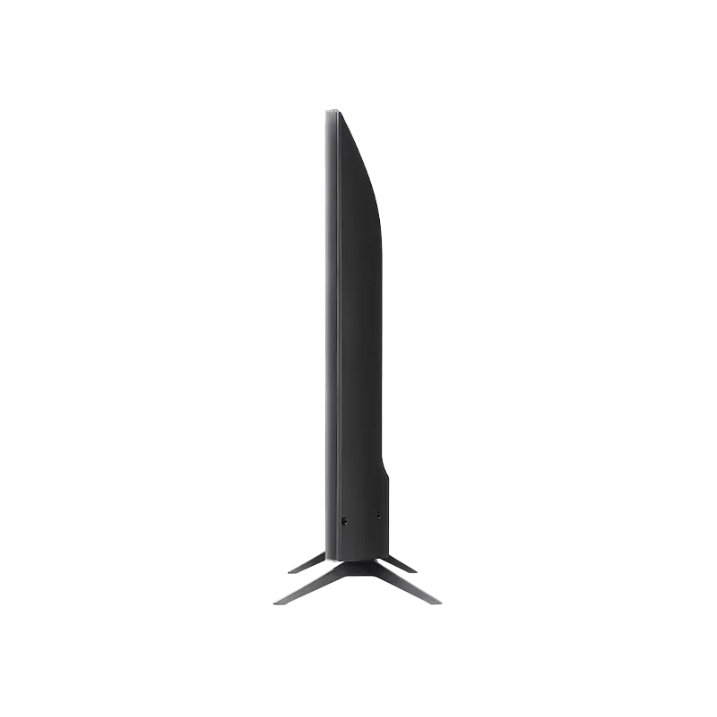 Vista lateral del LG Smart TV de 43 pulgadas mostrando su perfil delgado de 85 mm sin base, conectividad HDMI, USB y salida de audio digital óptica. Sonido de 20W con AI Sound y Bluetooth Surround.