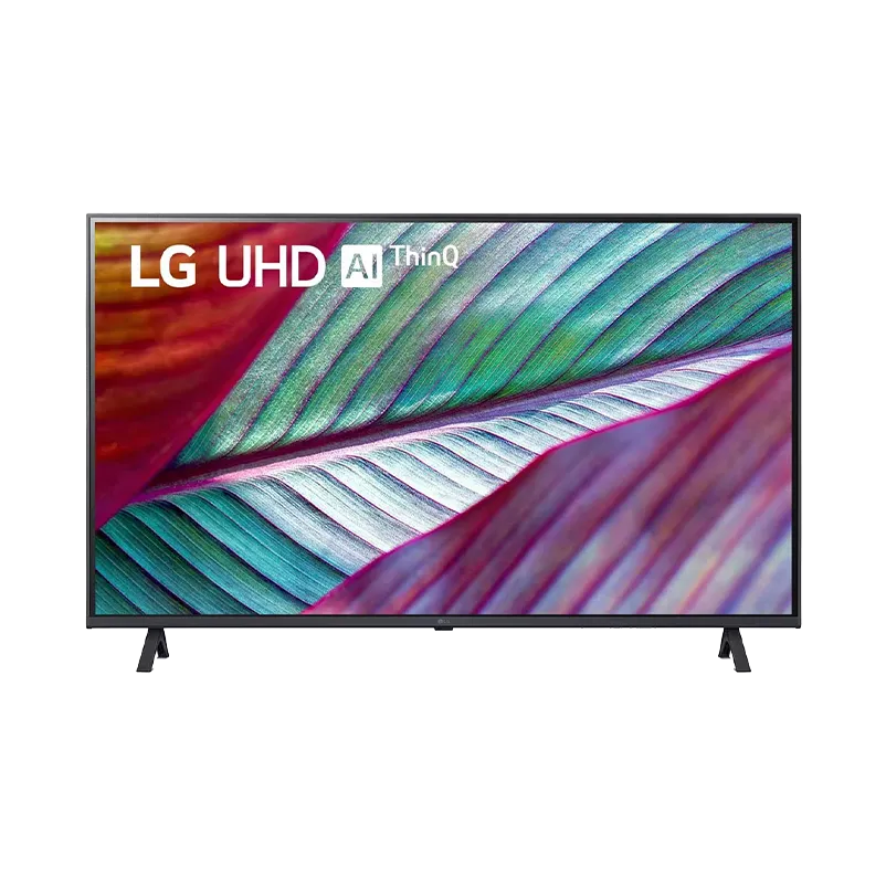 TV LG 43" UR78 - 43 pulgadas 4K UHD modelo 43UR7800PSB en vista frontal, mostrando su pantalla 4K de 3840x2160 con retroiluminación Direct y bisel delgado color negro. Equipado con procesador α5 AI 4K Gen6 y webOS 23 con ThinQ AI.