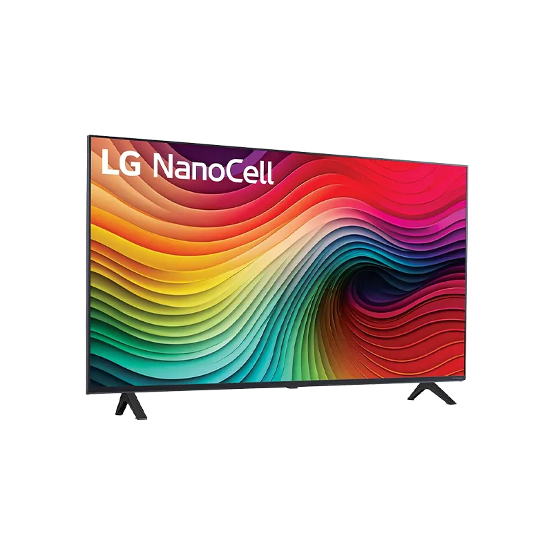 Vista frontal en ángulo del LG 50" 50NANO80TSA mostrando su diseño con base de 859 x 230 mm, pantalla NanoCell 4K y el control Magic Remote MR24 incluido. Compatible con Apple Airplay2, HDR10 y HLG.