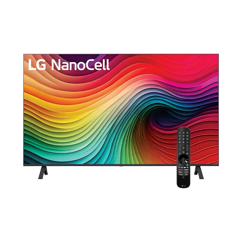 TV LG 65 pulgadas NanoCell 4K Ultra HD modelo 65NANO80TSA en vista frontal, mostrando su pantalla 4K de 3840x2160 con tecnología Nano Color y bisel delgado color negro. Equipado con procesador α5 IA 4K Gen7 y webOS 24 con ThinQ AI.