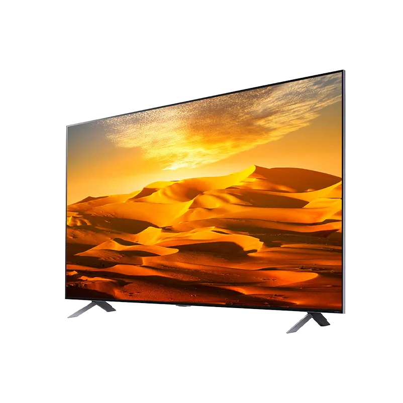 Vista frontal en ángulo del LG 65" QNED MiniLED TV con base de 295 mm de profundidad, destacando su diseño delgado de 29.5 mm sin base y dimensiones de 1444 x 898 mm con base. Tecnología MiniLED con 4 puertos HDMI y 2 USB.