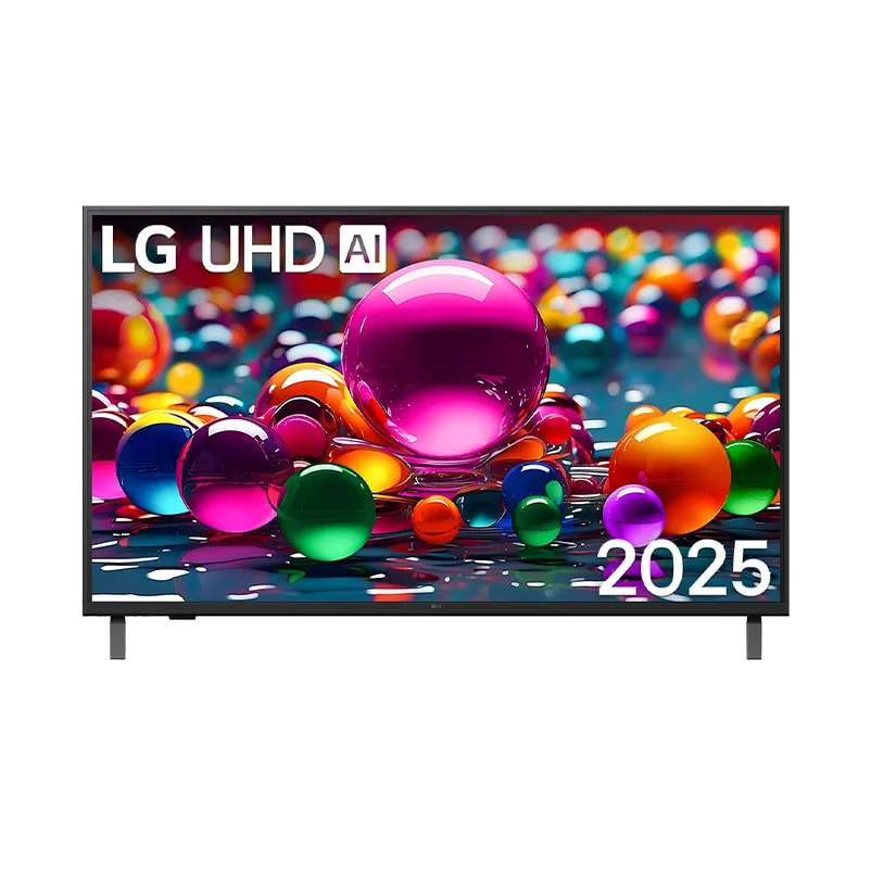 TV LG 65″ UHD AI UA75 4K modelo 65UA7500PSA en vista frontal, mostrando su pantalla 4K de 3840x2160 con retroiluminación Directa y bisel delgado color negro. Equipado con procesador α7 AI 4K Gen8, webOS 25, 4K Super Upscaling y compatibilidad con HDR10/HLG.