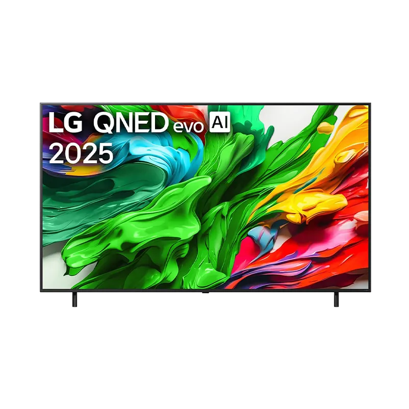 TV LG 75″ QNED85 evo 4K MiniLED modelo 75QNED85ASG en vista frontal, mostrando su pantalla 4K de 3840x2160 con retroiluminación Mini LED y bisel ultradelgado color negro. Equipado con procesador α8 AI 4K Gen2, webOS 25 y Dolby Vision.