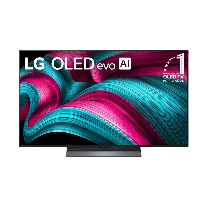 TV LG 55″ OLED evo AI C5 4K modelo OLED55C5PSA en vista frontal, mostrando su pantalla OLED 4K de 3840x2160 con diseño ultradelgado y bisel infinito color negro. Equipado con procesador α9 AI 4K Gen8, webOS 25, Dolby Vision y tasa de refresco de 120Hz (VRR 144Hz).