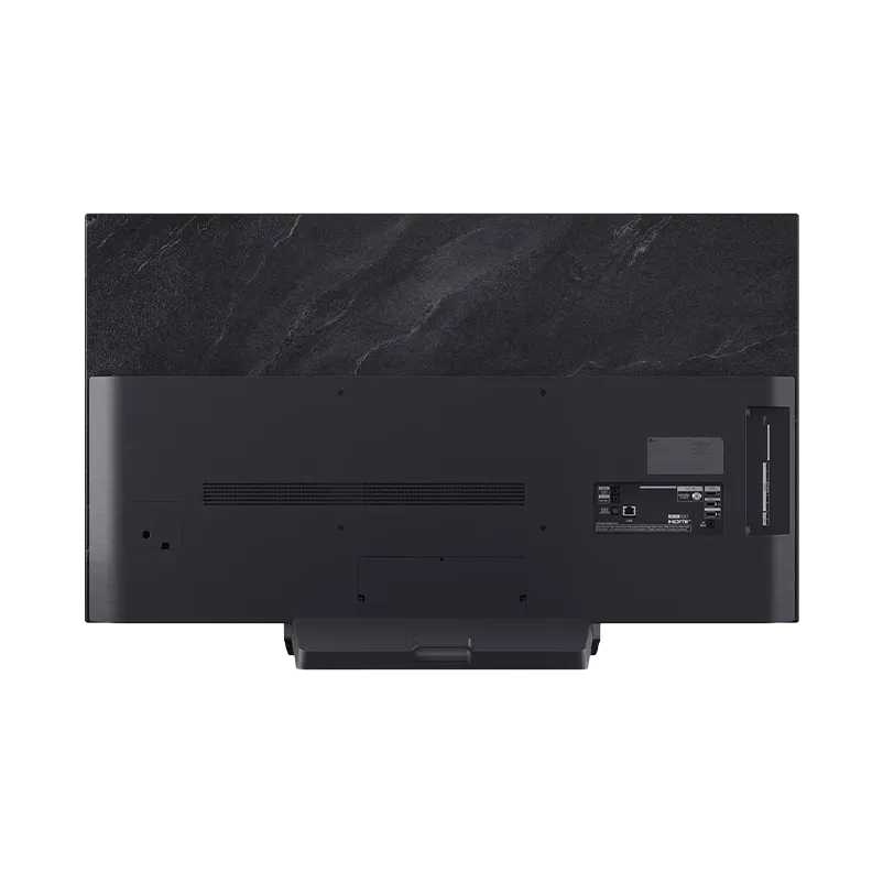 Panel posterior del LG OLED55C5PSA mostrando los puertos de conexión: 4 HDMI (4K 120Hz, eARC, VRR, ALLM), 3 USB 2.0, Ethernet, salida óptica SPDIF y soporte VESA 300x200 mm para montaje en pared. Peso de 14.1 kg sin base e incluye Magic Remote MR25.