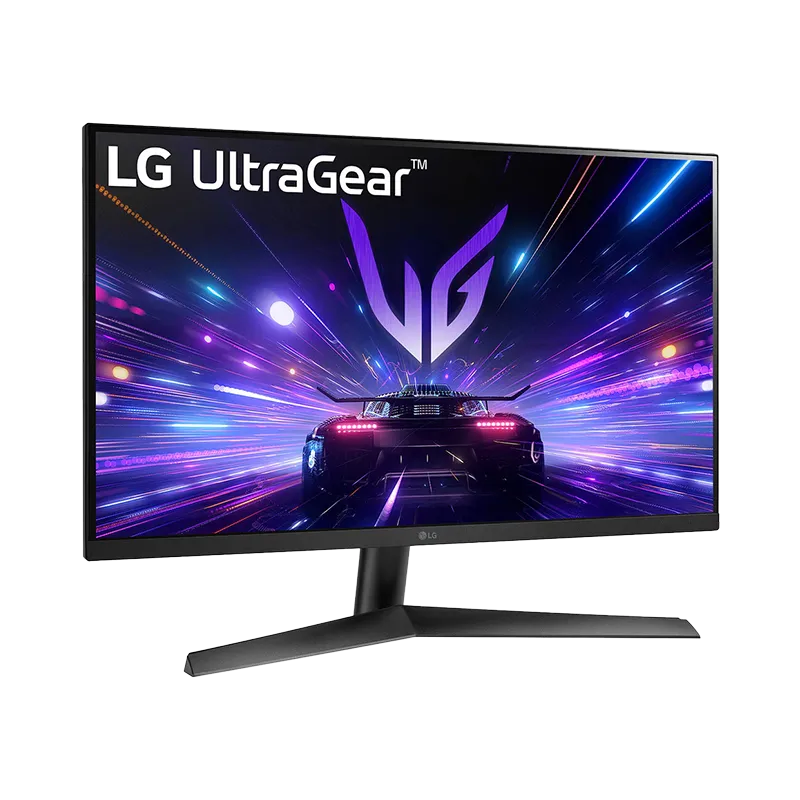 Vista frontal en ángulo del monitor LG UltraGear 27 con soporte gaming, destacando su inclinación ajustable de -5° a 15°, tiempo de respuesta de 1ms GtG y compatibilidad con NVIDIA G-Sync y AMD FreeSync.
