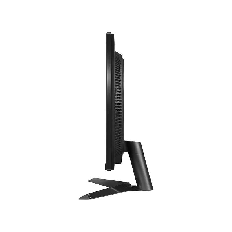 Vista lateral del monitor LG UltraGear 27 mostrando su perfil ultra delgado de 51.7 mm sin soporte, compatible con montaje VESA 100x100 mm y adaptador de alimentación externo.