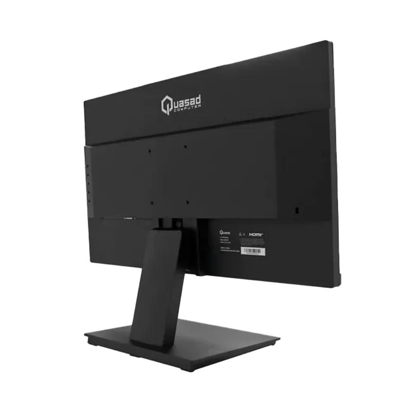 Vista posterior del monitor Quasad QM-F20 mostrando los puertos de conexión HDMI y VGA, la base de soporte y el montaje VESA 75x75 mm. Brillo de 200 cd/m² y tiempo de respuesta de 5 ms.