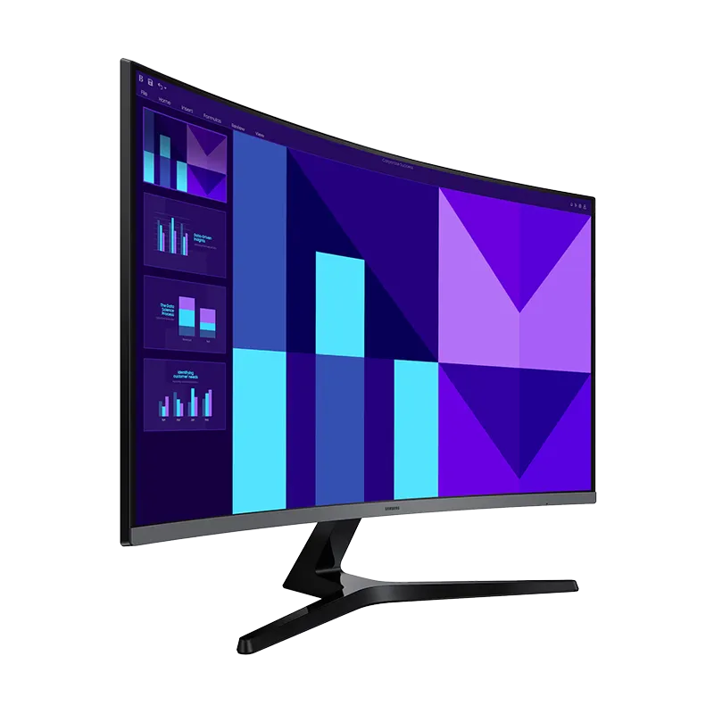 Monitor Samsung Essential 32" Curvo Full HD 100Hz | 4ms, HDMI, VGA, Altavoz Integrado 8 Vista en ángulo del monitor curvo Samsung Essential 32 S39GD, destacando la experiencia inmersiva de su panel curvo de 1500R, relación de contraste 3000:1 y ángulo de visión 178°.