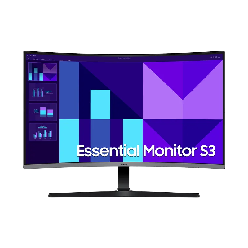 Monitor Samsung Essential 32" Curvo Full HD 100Hz | 4ms, HDMI, VGA, Altavoz Integrado 7 Monitor Samsung Essential 32 curvo en vista frontal, mostrando su pantalla VA Full HD con curvatura 1500R y biseles delgados. Resolución 1920x1080, 100Hz y tiempo de respuesta 4ms.
