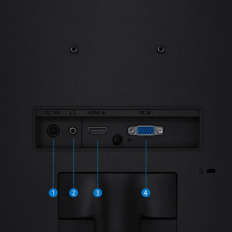 Monitor Samsung Essential 32" Curvo Full HD 100Hz | 4ms, HDMI, VGA, Altavoz Integrado 12 Panel de conexiones del monitor Samsung Essential 32 S39GD mostrando puerto HDMI 1.4, D-Sub (VGA), salida de audio para auriculares y entrada de alimentación. Altavoz integrado de 1W.