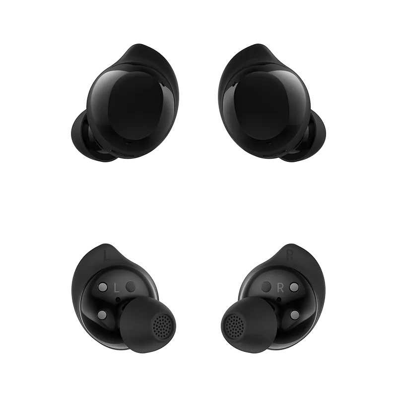 Vista de los audífonos Samsung Galaxy Buds Core color negro sin estuche, mostrando su diseño ergonómico de 19.2 x 17.1 x 22.2 mm, peso de 5.3 g cada uno, puntas de silicona intercambiables, sensor de proximidad y controles táctiles. Compatibles con Bluetooth 5.4, codecs AAC, SBC y Scalable Codec.