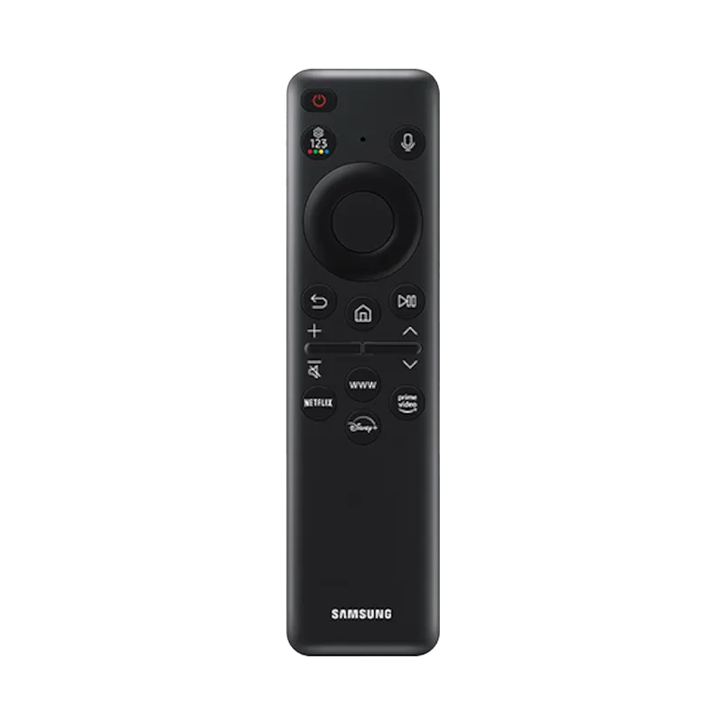 Control remoto Samsung TM2360E incluido con el TV QN55QN60DAPCZE, mostrando sus botones de acceso directo a streaming, control por voz Bixby y diseño ergonómico. Compatible con dispositivos IoT y SmartThings Hub.