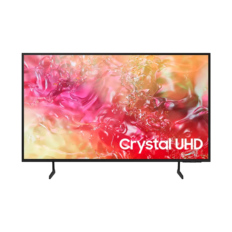 TV Samsung 50 pulgadas Crystal LED modelo UN50DU7000PCZE en vista frontal, mostrando su pantalla 4K UHD de 3840x2160 con diseño 3 Bezel-less color negro. Equipado con Crystal Processor 4K, Tizen Smart TV y soporte FLAT FEET.
