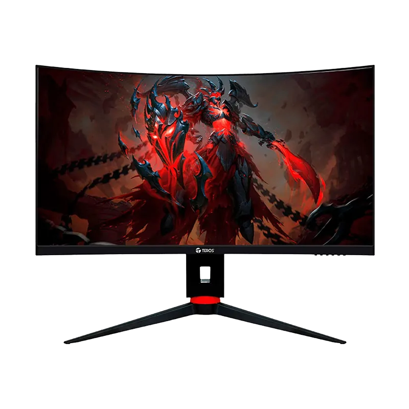 Monitor curvo TEROS TE-2764G de 27 pulgadas en vista frontal, mostrando su panel VA con curvatura R1500, resolución Full HD 1920x1080 y tasa de refresco de 240 Hz. Diseño gaming con 100% sRGB, contraste 3000:1 y tiempo de respuesta de 1 ms.