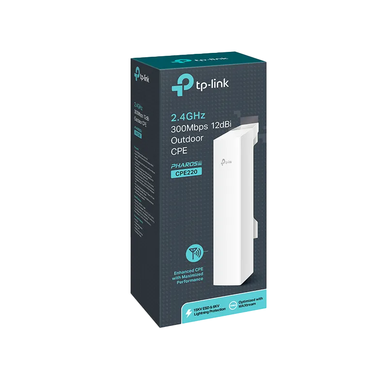 Caja oficial del CPE de exterior TP-Link CPE220, mostrando el empaque original con el contenido incluido: CPE exterior, adaptador PoE pasivo de 24V con botón de reseteo remoto, correas para montaje en poste, cable de corriente AC y guía de instalación. Ideal para enlaces punto a punto o punto a multipunto con administración centralizada mediante Pharos Control, analizador de espectro, y herramientas de monitoreo de rendimiento integradas.