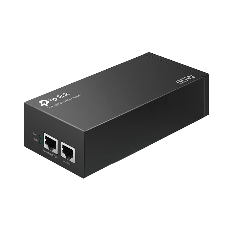 Inyector PoE TP-Link TL-POE170S 60W | 2 Puertos Gigabit, 802.3bt, Plug and Play 5 Inyector PoE++ TP-Link TL-POE170S en vista frontal, mostrando su carcasa metálica de 155 x 70 x 42 mm, indicadores LED de estado, puerto de alimentación y diseño compacto. Equipado con 2 puertos Gigabit, cumple con los estándares IEEE 802.3af/at/bt, suministra hasta 60W de potencia, detecta automáticamente los requisitos del dispositivo PD y soporta montaje en sobremesa o pared.