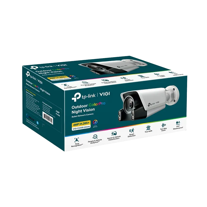 Caja oficial de la cámara TP-Link VIGI C340S, mostrando el empaque original con el contenido incluido: cámara tipo bala color blanco, accesorios de cableado impermeables, accesorios de montaje y guía de inicio rápido. Ideal para vigilancia exterior con tecnología ColorPro que captura video a todo color en condiciones de muy baja luminosidad, con eventos inteligentes avanzados como intrusión de área, cruce de línea, objetos abandonados/removidos, merodeo y cambio de escena.