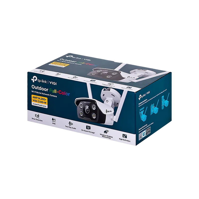 Caja oficial de la cámara TP-Link VIGI C340W, mostrando el empaque original con el contenido incluido: cámara tipo bala color blanco, adaptador de corriente 12V DC, accesorios de cableado impermeables, accesorios de montaje y guía de inicio rápido. Compatible con gestión vía app VIGI, VIGI Security Manager y NVR, con tecnología Full-Color 24 horas, detección inteligente avanzada y compresión H.265+ para optimizar almacenamiento.