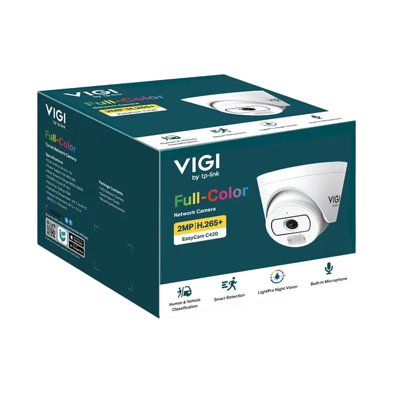 Caja oficial de la cámara TP-Link VIGI EasyCam C420, mostrando el empaque original con el contenido incluido: cámara tipo torreta, accesorios de montaje y guía de inicio rápido. Compatible con PoE (802.3af), resistencia IP67 para interiores y exteriores, integración con app VIGI, VMS y almacenamiento en la nube