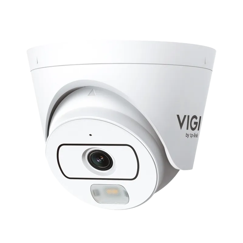 Cámara de vigilancia TP-Link VIGI EasyCam C420 en vista frontal, mostrando su diseño tipo torreta con lente fija de 2.8mm, campo de visión horizontal de 98.8°, LEDs duales (IR y luz blanca) con alcance de hasta 30 metros y tecnología Full Color 24 horas. Equipada con sensor CMOS de 1/3″ progresivo, resolución Full HD 2MP (1920×1080), micrófono integrado con alcance de 5 metros, clasificación inteligente de personas y vehículos, y compresión H.265+.