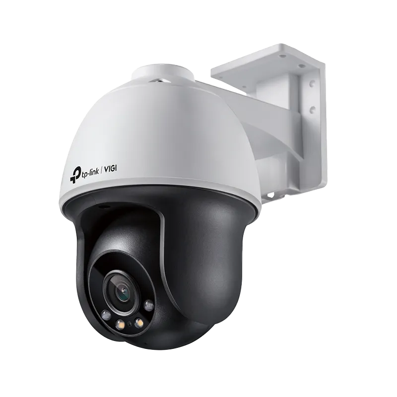 Cámara de vigilancia TP-Link VIGI C540 en vista frontal, mostrando su diseño tipo PT de 120 x 172 x 198 mm, lente fija de 4mm con apertura F1.6 y campo de visión horizontal de 79°, LEDs duales IR y de luz blanca con alcance de hasta 30 metros, tecnología Full-Color 24 horas, y certificación IP66 resistente a la intemperie. Equipada con resolución 4MP (2560×1440), sensor CMOS de 1/3″, movimiento horizontal de 350° y vertical de 120° con seguimiento automático de personas y vehículos, audio bidireccional con micrófono y altavoz integrados, detección inteligente avanzada, defensa activa con alarma de luz y sonido, compresión H.265+, alimentación PoE (802.3af/at) o 12V DC, y almacenamiento local microSD hasta 256GB.