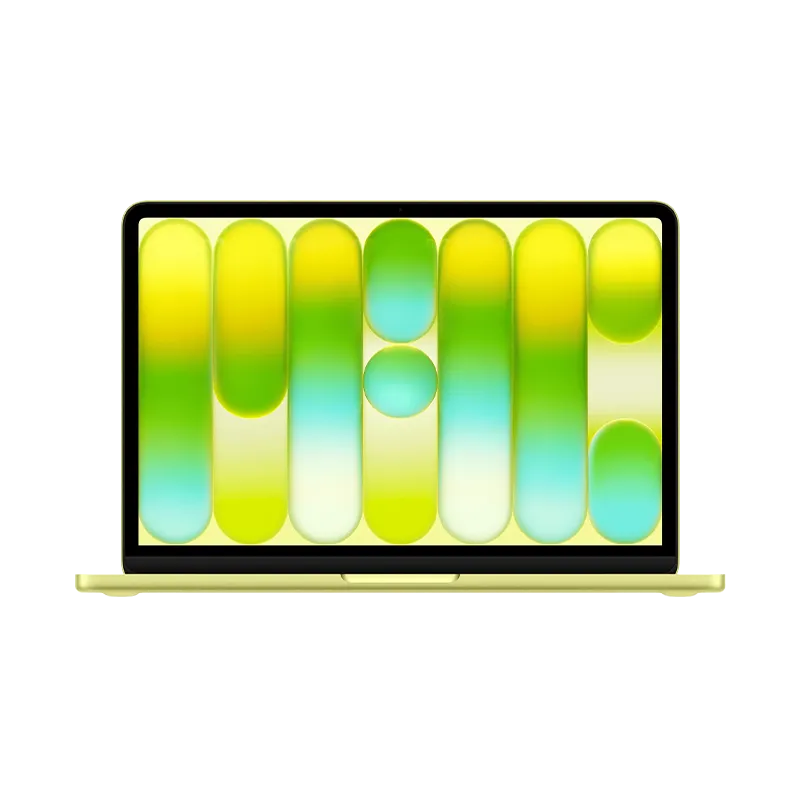 MacBook Neo 13 pulgadas color amarillo en vista frontal, mostrando su pantalla Liquid Retina de 13 pulgadas con resolución 2408x1506, compatibilidad con 1,000 millones de colores y acabado amarillo vibrante. Equipado con chip A18 Pro, 8GB de memoria unificada y adaptador de corriente USB-C de 20W.